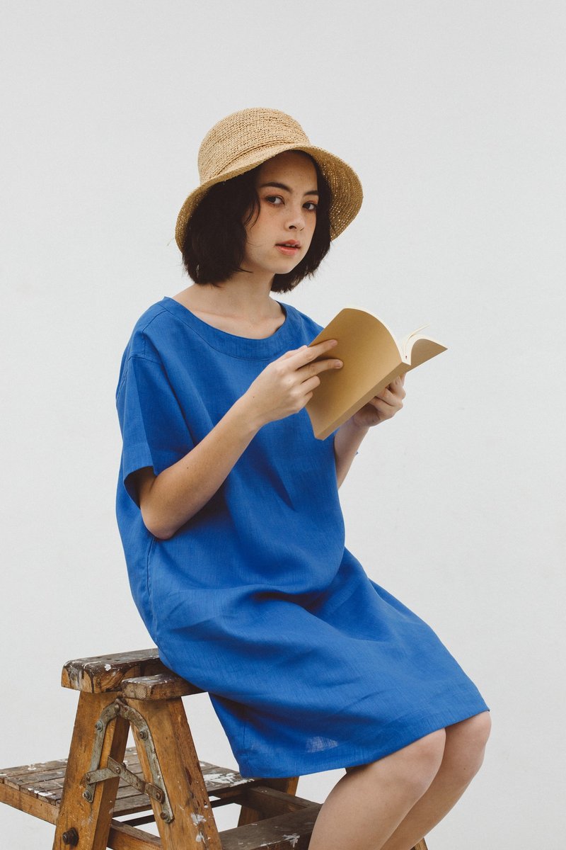 Sun-kissed Loose Dress in Solar Blue - 洋装/连衣裙 - 棉．麻 蓝色