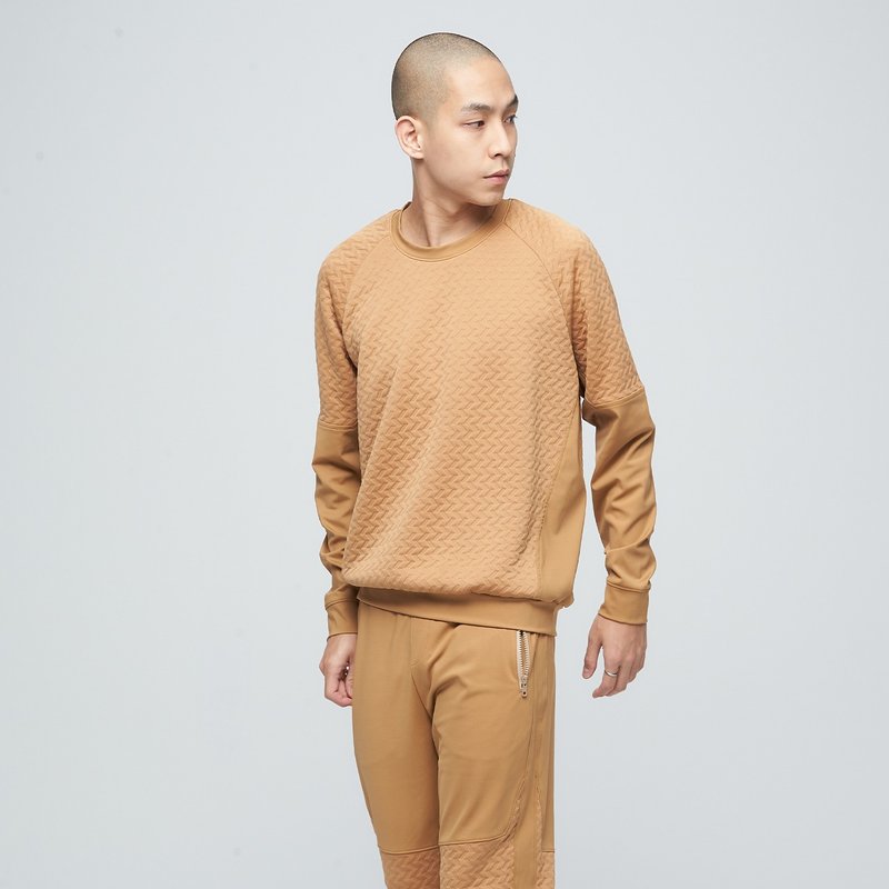 不可退换 /线性缇花拼接铺棉卫衣(男)-菸草棕 - 男装上衣/T 恤 - 聚酯纤维 咖啡色