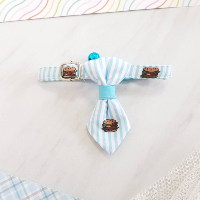 Hamburger strip fabric Cat Necktie Collar with Breakaway Safety Buckle - 项圈/牵绳 - 棉 蓝色