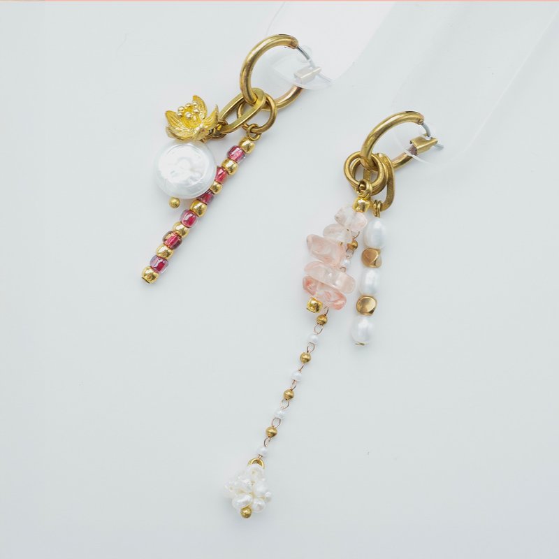 【圣诞礼物】Lapis | Ruby Blooms * 红色 花 珍珠 耳环 耳骨夹 - 耳环/耳夹 - 铜/黄铜 粉红色