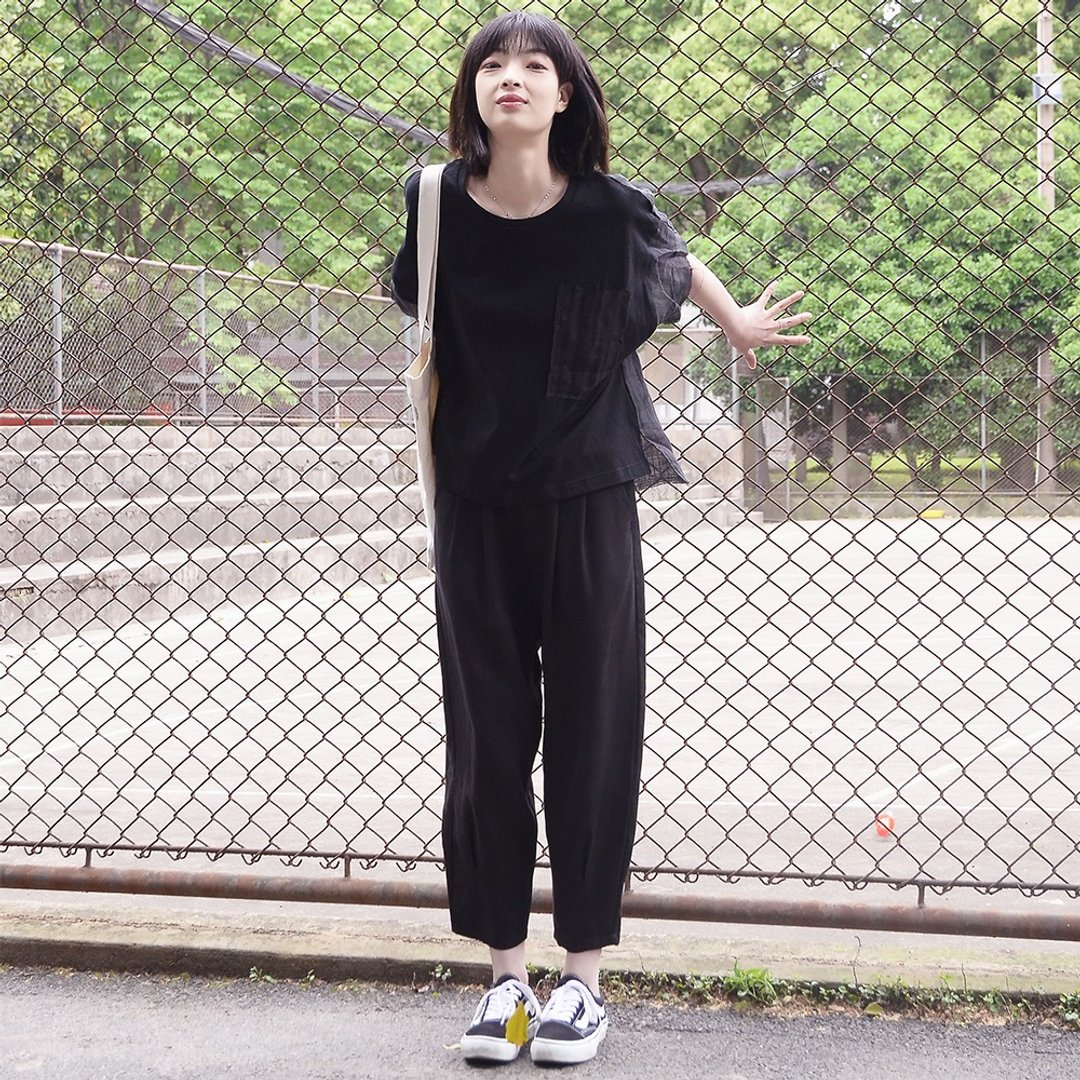 黑色天丝八分萝卜裤|裤子|天丝|独立品牌|Sora-138 - 女装长裤 - 聚酯纤维 黑色