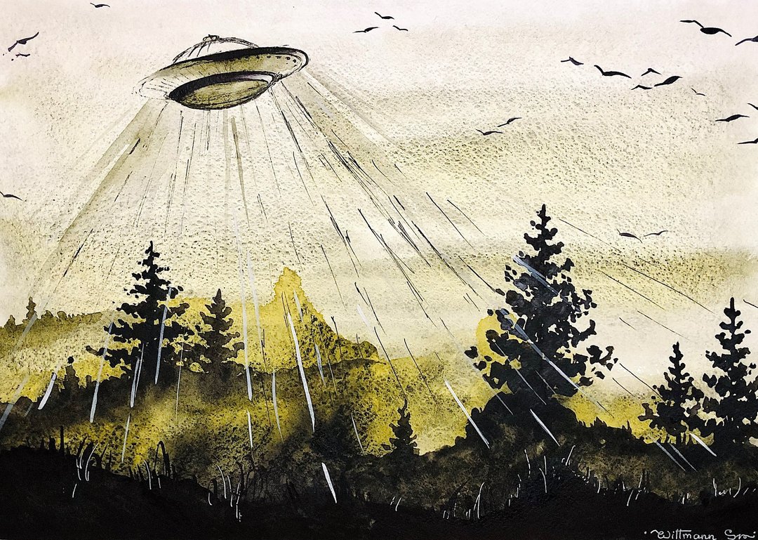 外星人绘画风景原创艺术UFO水彩艺术品12乘17英寸 - 墙贴/壁贴 - 纸 绿色
