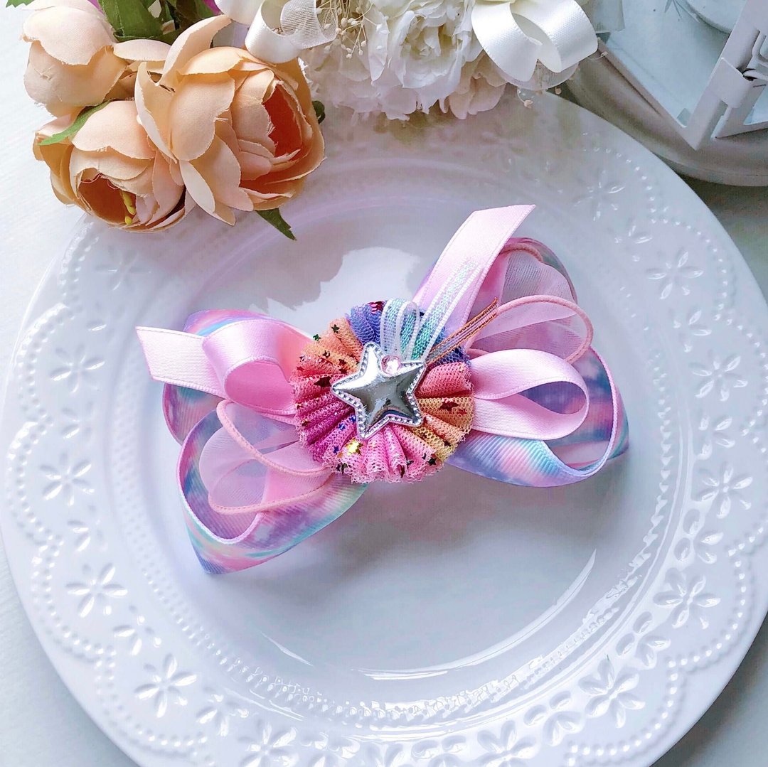 晕染星星银河缎带儿童女孩蝴蝶结发夹发饰-魔幻粉 - 发饰 - 其他材质 粉红色