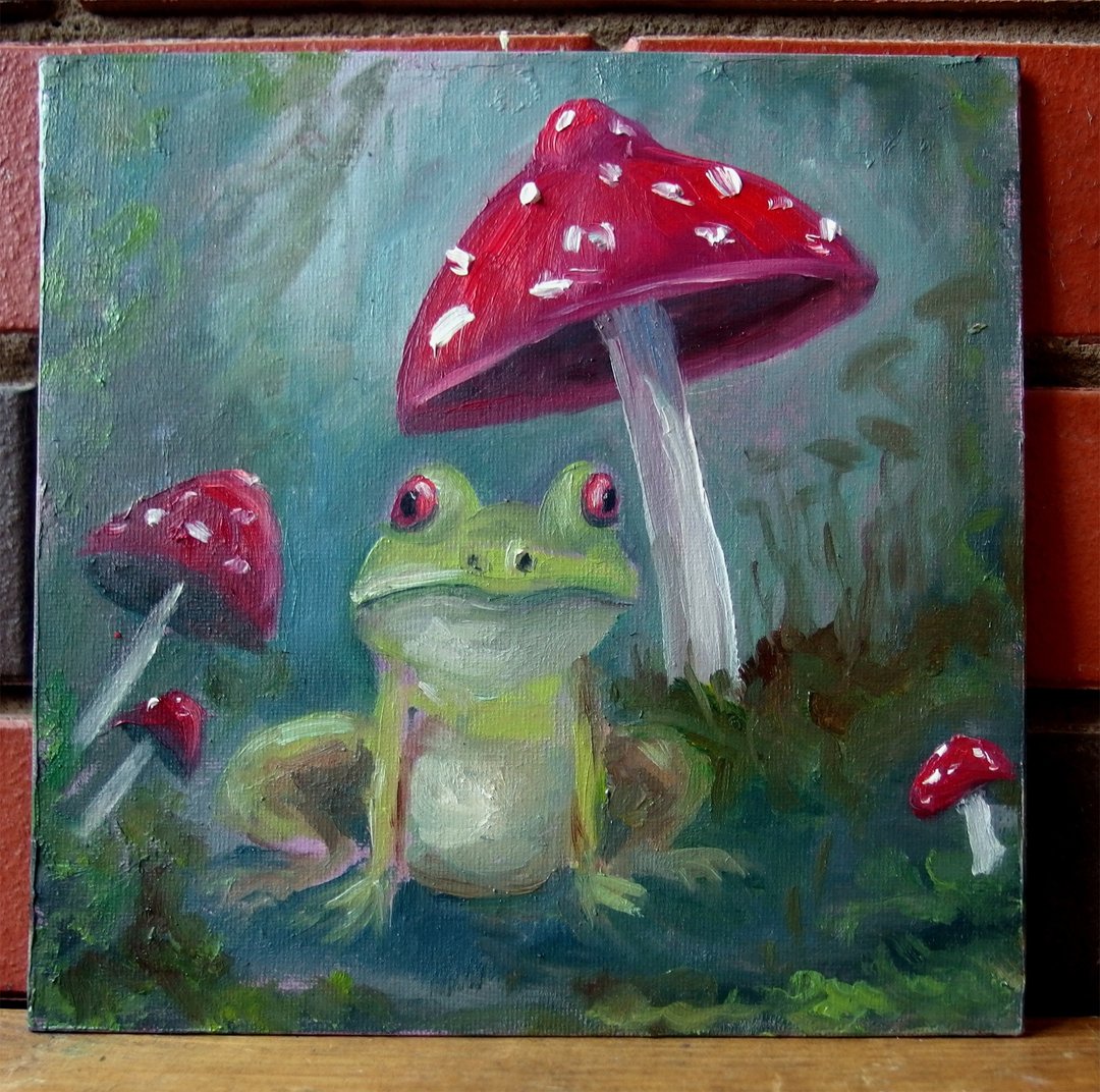 绿色青蛙坐在巨大的红色蘑菇下原创油画画布 - 墙贴/壁贴 - 其他材质 绿色