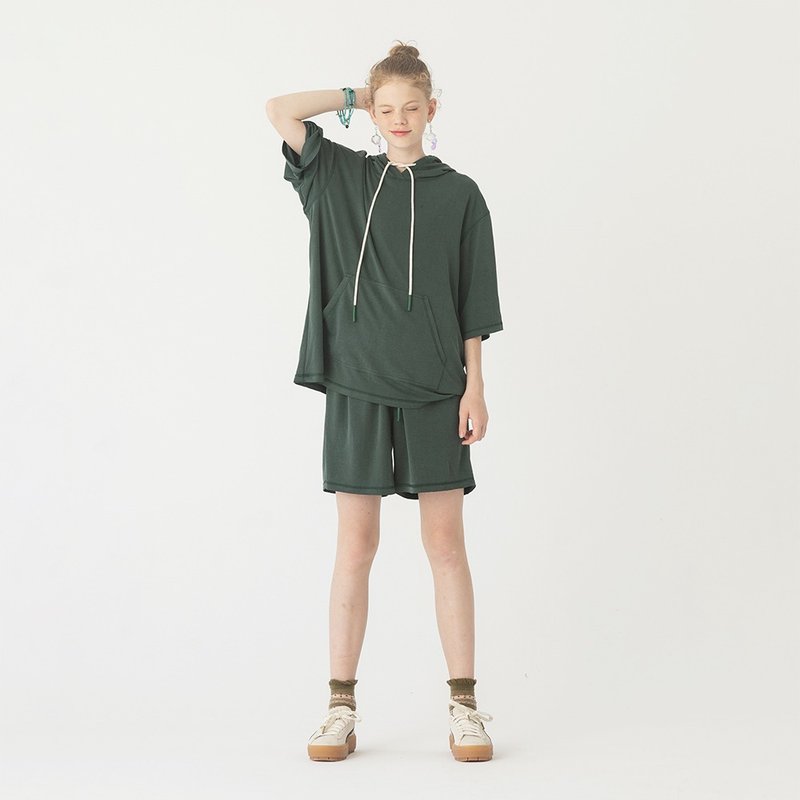 墨绿色薄款短袖连帽上衣短裤套装 - 中性连帽卫衣/T 恤 - 其他材质 绿色