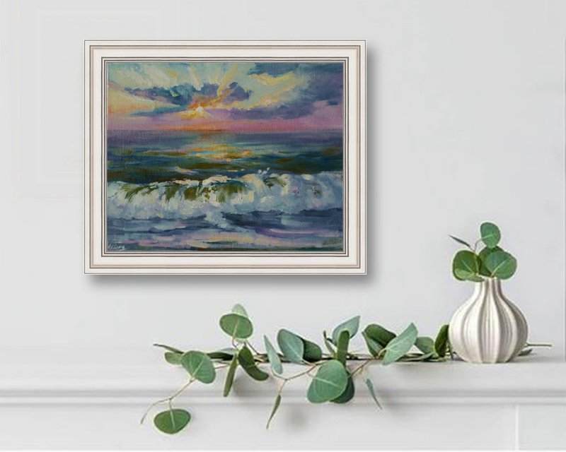海上日落的 - 海景油画 - 原创日落艺术 - 海浪油画 - ocean art - 海报/装饰画/版画 - 棉．麻 蓝色