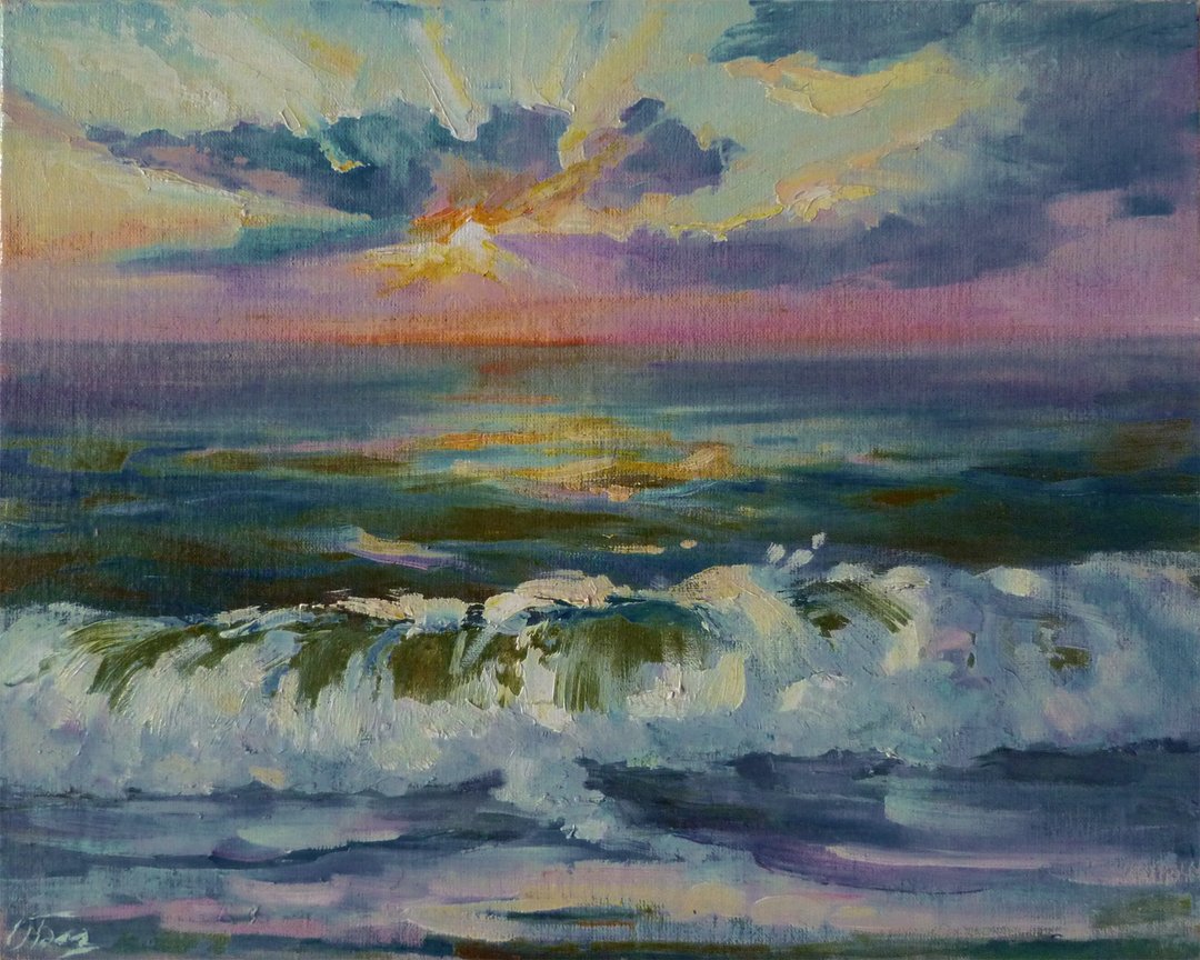 画布上的海景油画 - 原创艺术 - 海上日落油画 - 墙贴/壁贴 - 其他材质 蓝色