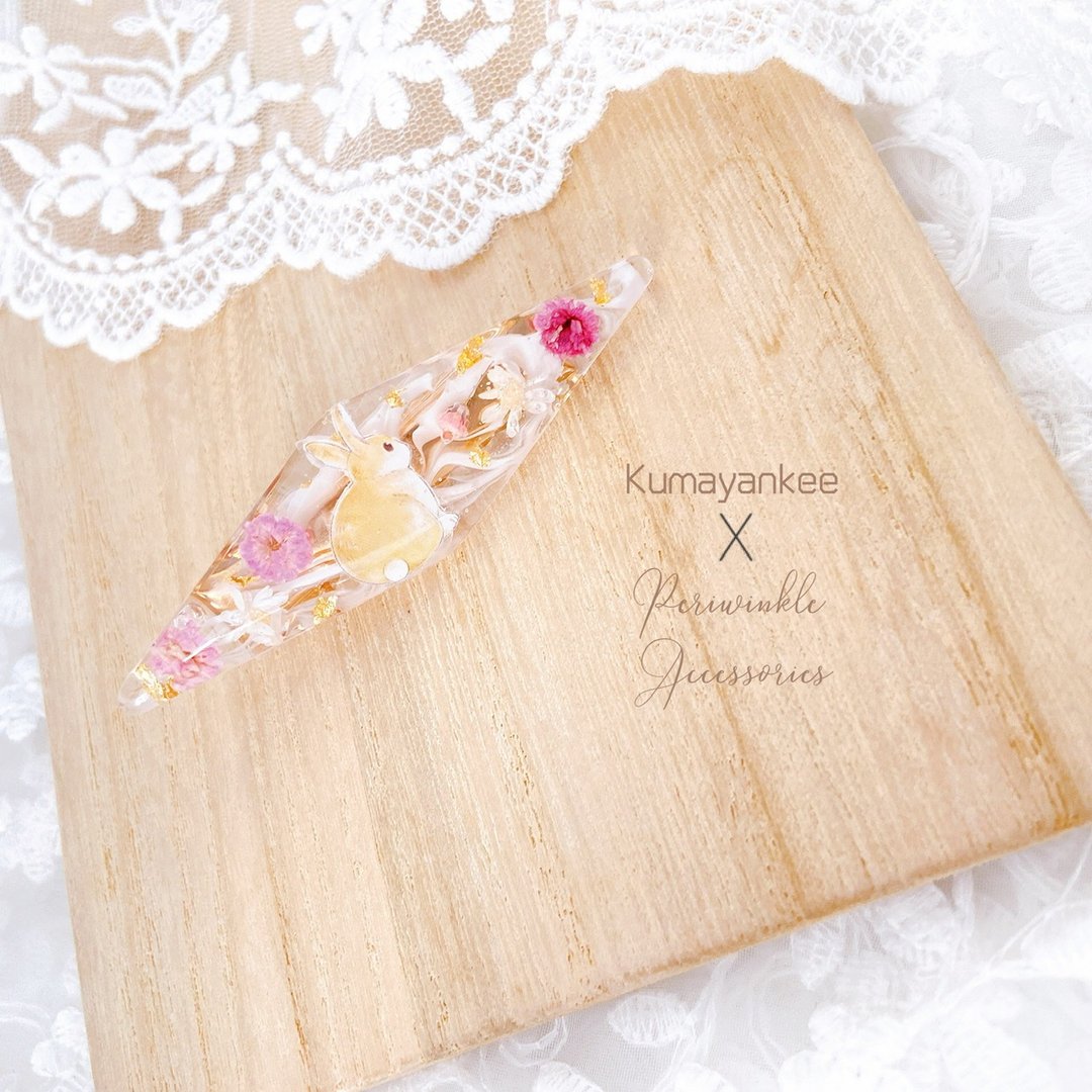 Kumayankee联乘Periwinkle Accessories 兔子发夹 日本花材 - 发饰 - 其他材质 粉红色