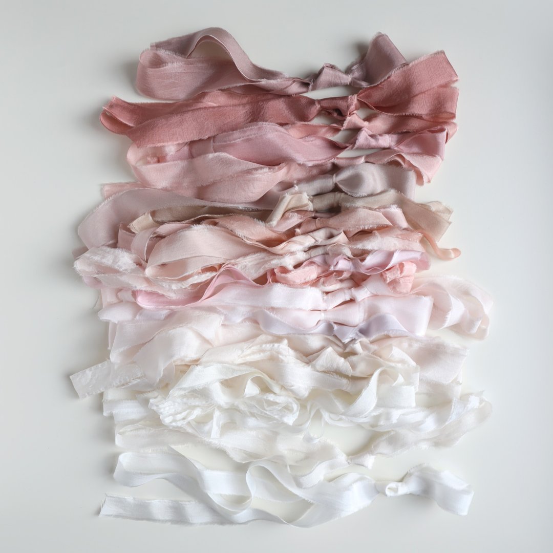 Narrow Silk Ribbon Remnants | Hand Dyed Silk Ribbons | Rose &amp; Neutrals - 包装材料 - 丝．绢 多色