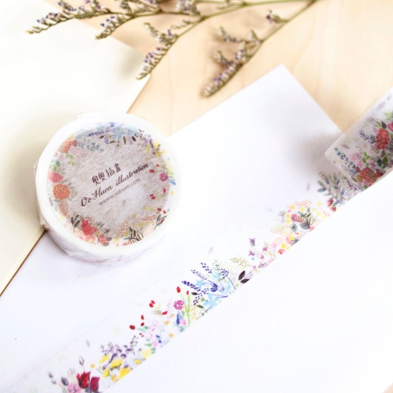 flower time 水彩花束 花框纸胶带 1.5cm - 纸胶带 - 纸 
