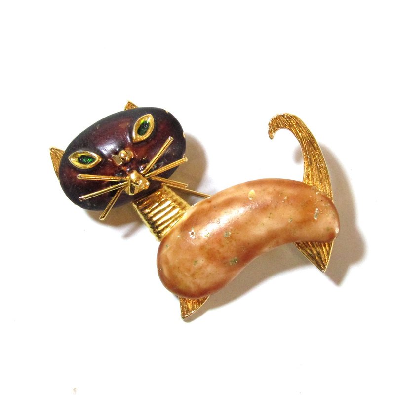 复古珐琅猫图案金胸针 - 胸针 - 压克力 咖啡色