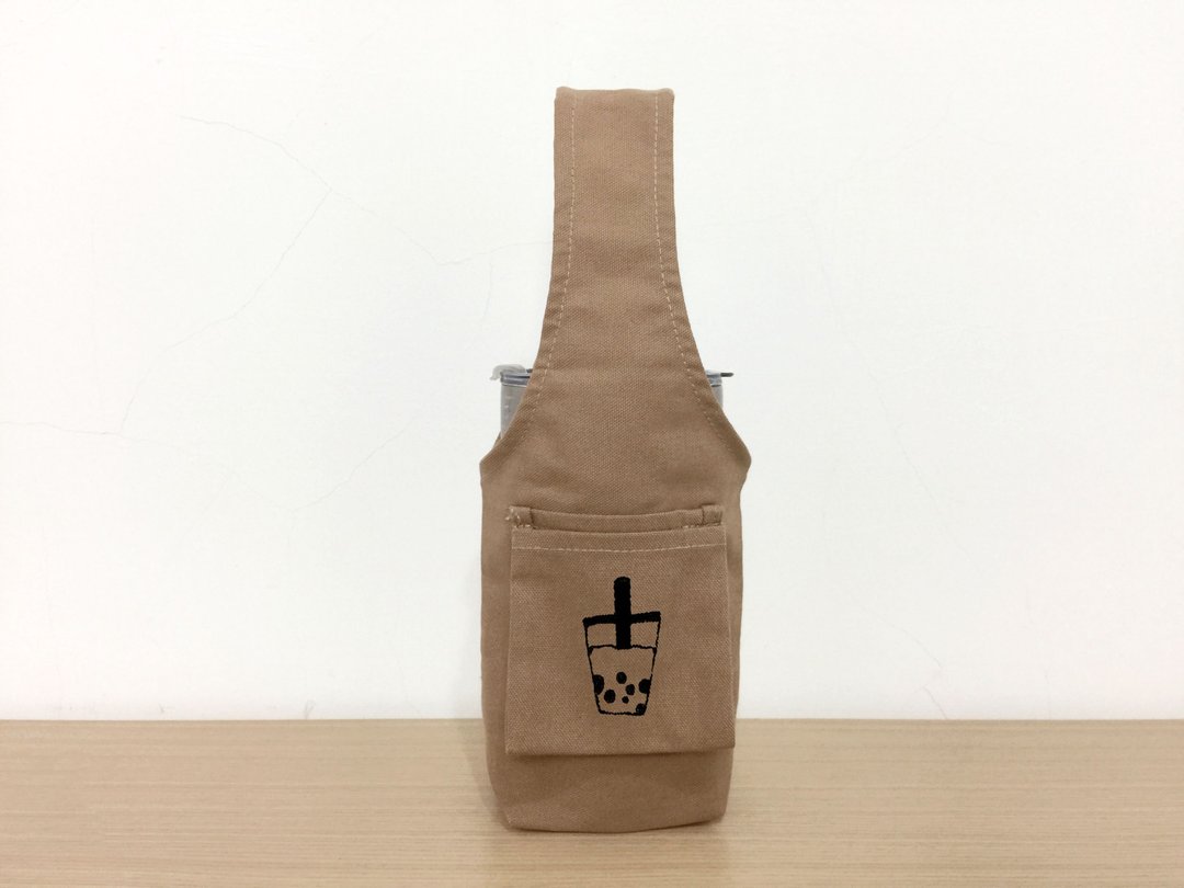 一杯珍珠奶茶-帆布环保饮料提袋 l 收纳插图款 l 万用水壶袋 - 随行杯提袋/水壶袋 - 棉 卡其色