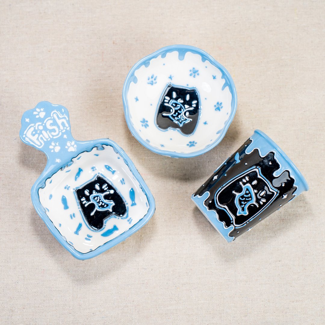 蓝猫厨具系列，小号黑色咖啡杯，可爱的小猫环盘 - 花瓶/陶器 - 陶 蓝色