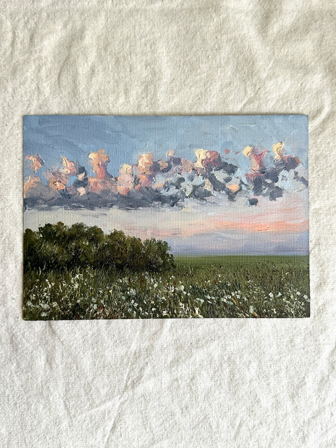 原创油画 小幅 夕阳云彩 风景画 野花田 5x7 艺术品 - 墙贴/壁贴 - 其他材质 