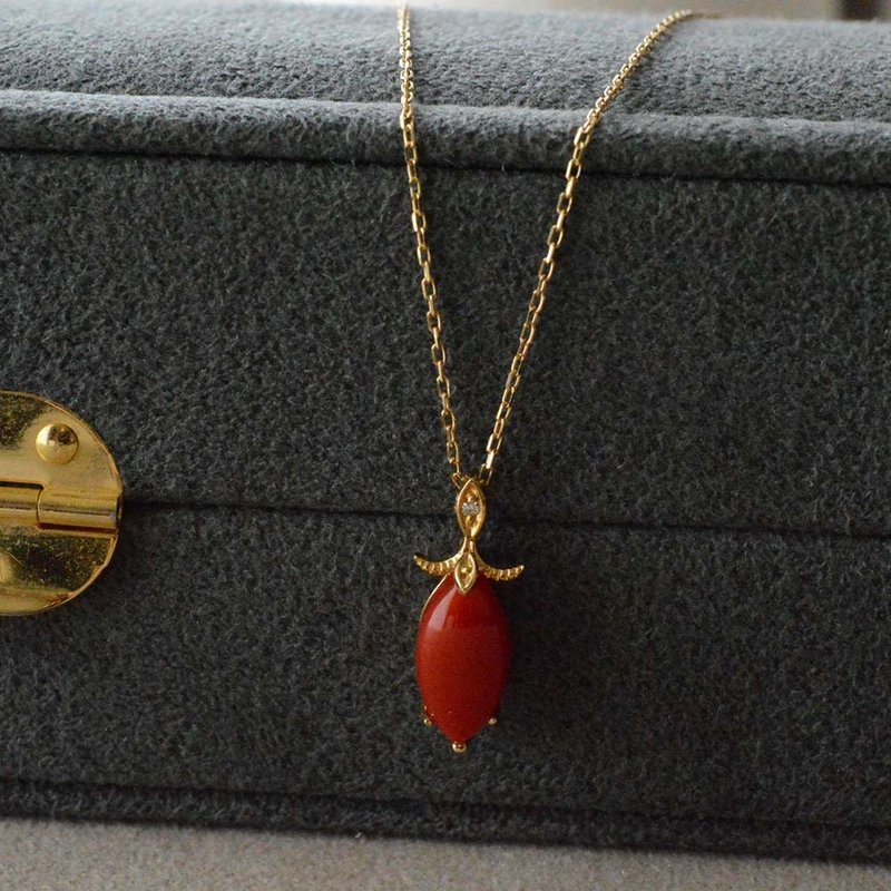18K 金 赤珊瑚项链 吊坠 红珊瑚 天然钻石 日本制造 日本品牌 - 耳环/耳夹 - 宝石 