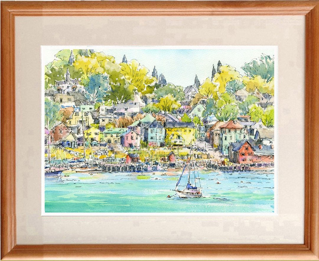 订制绘制 水彩原画 秋色港镇 2 - 海报/装饰画/版画 - 纸 绿色
