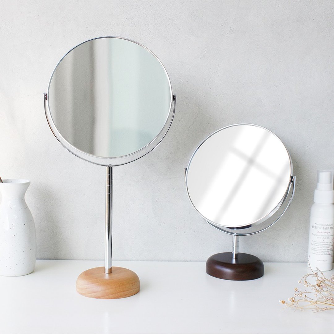 两倍放大镜立镜附木质底座 2xMagnification Stand Mirror with Wood Base 2 倍拡大スタンドミラー 日本制 - 彩妆刷具/镜子/梳子 - 木头 咖啡色
