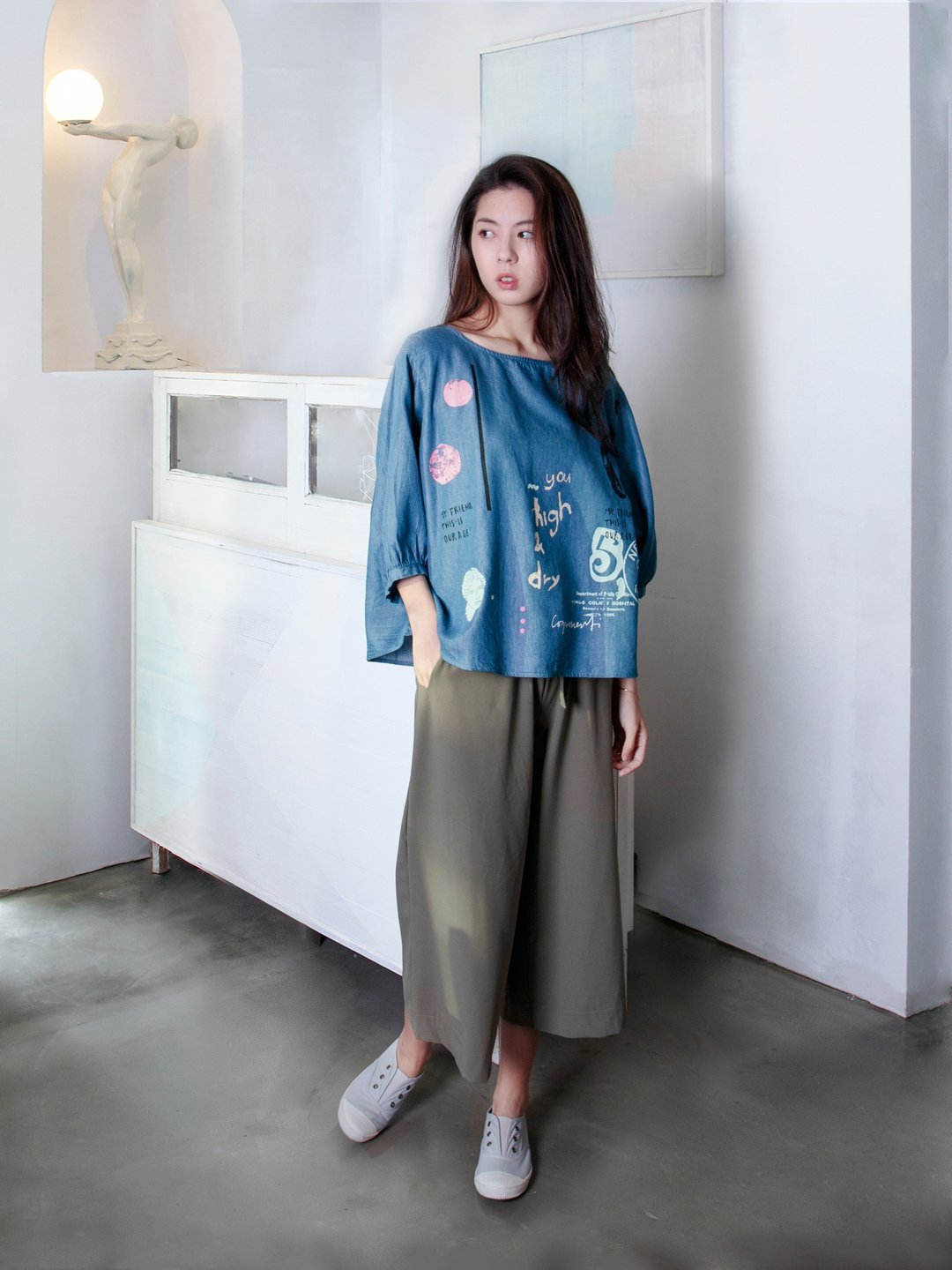 短版短袖 牛仔 - 女装 T 恤 - 棉 蓝色