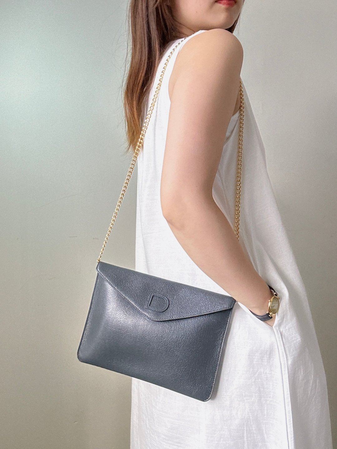 中古 Delvaux 比利时皇室品牌 信封包 斜背包 手拿包 - 侧背包/斜挎包 - 真皮 灰色