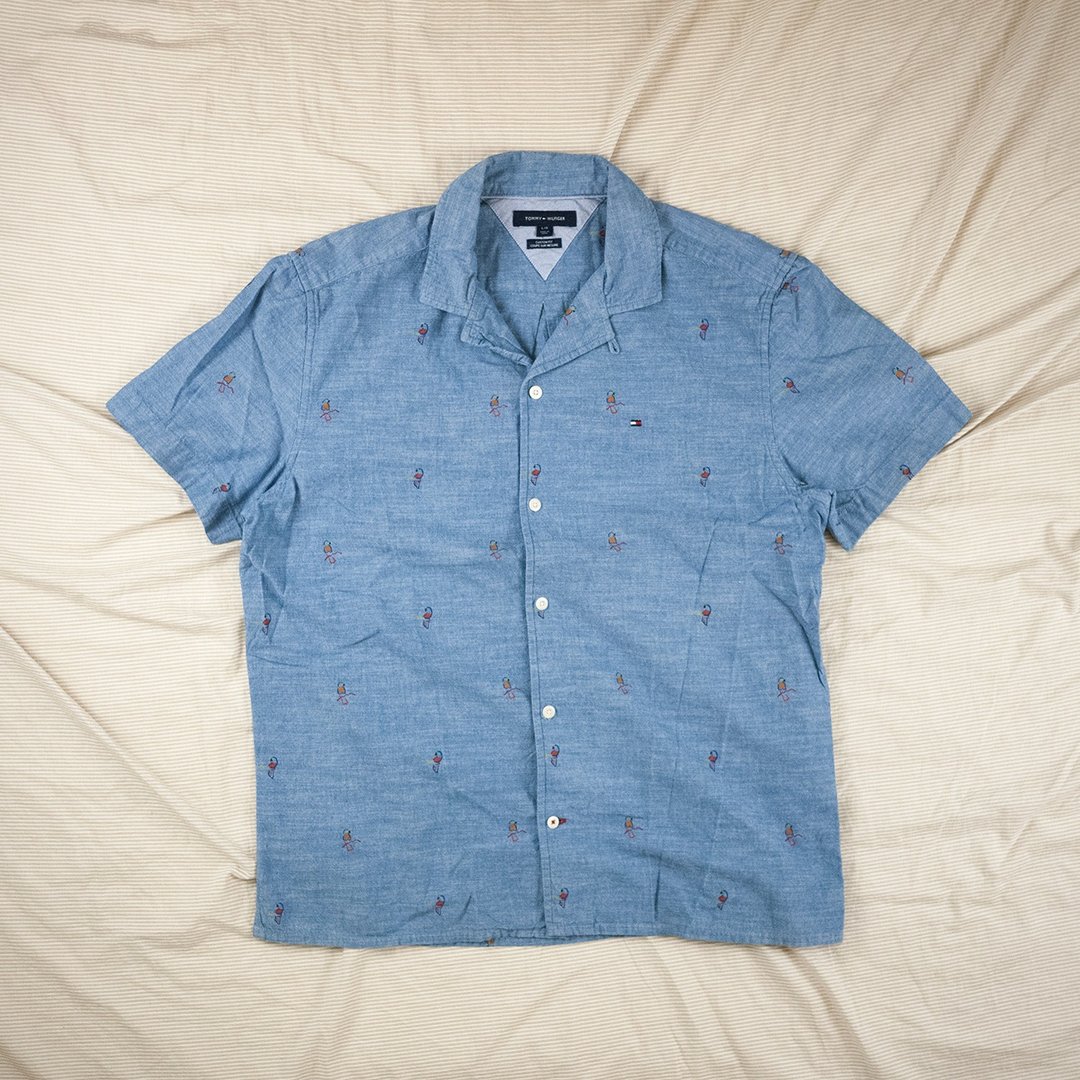 Tommy Hilfiger 夏威夷衬衫 牛津 鹦鹉 鸟 电绣 花衬衫 花卉 短袖 - 男装衬衫 - 棉 蓝色