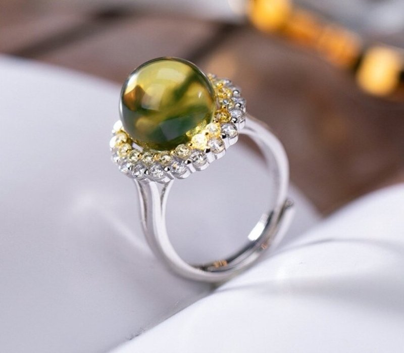 Natural Blue Amber Rings for Women Sparkly Zircons Crystal Floral Rings Luxury - 戒指 - 纯银 多色