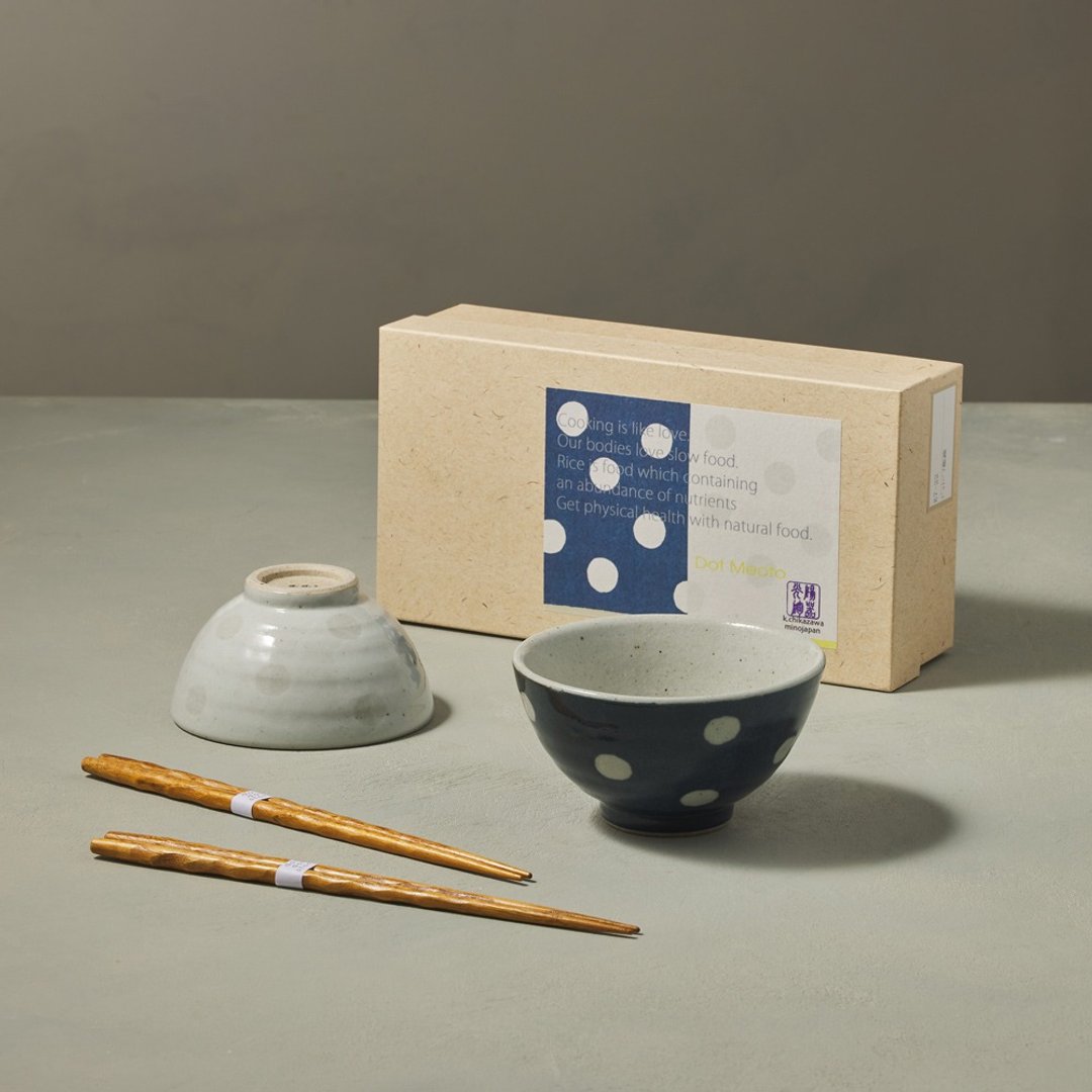 日本美浓烧 - 水玉夫妻碗礼盒组 - 附筷(3件式)  - 缺件特卖 - 碗 - 陶 蓝色