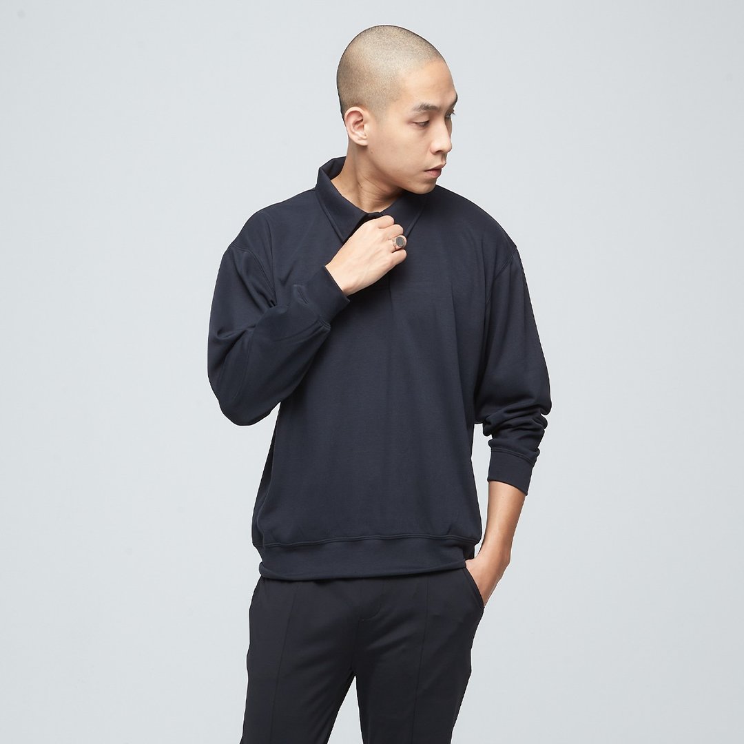 不可退换 /苏活机能宽版长袖Polo衫(男)-煤黑 - 男装上衣/T 恤 - 聚酯纤维 黑色