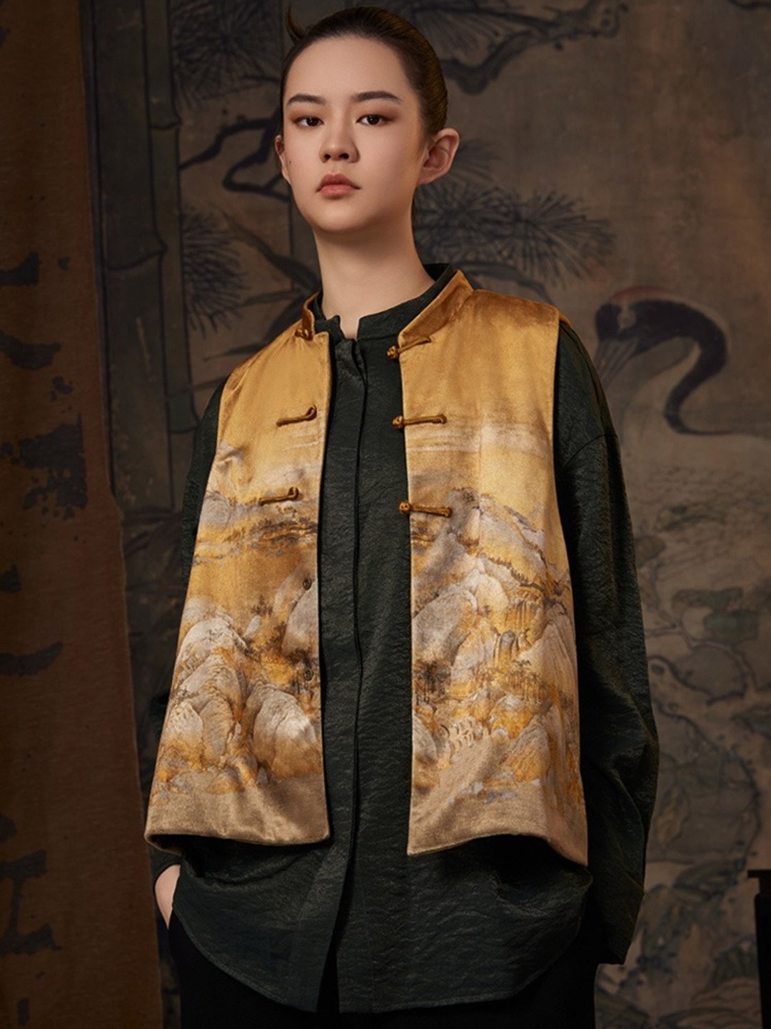 澄怀/新中式丝绒国画 坎肩马夹 - 女装背心 - 聚酯纤维 黄色