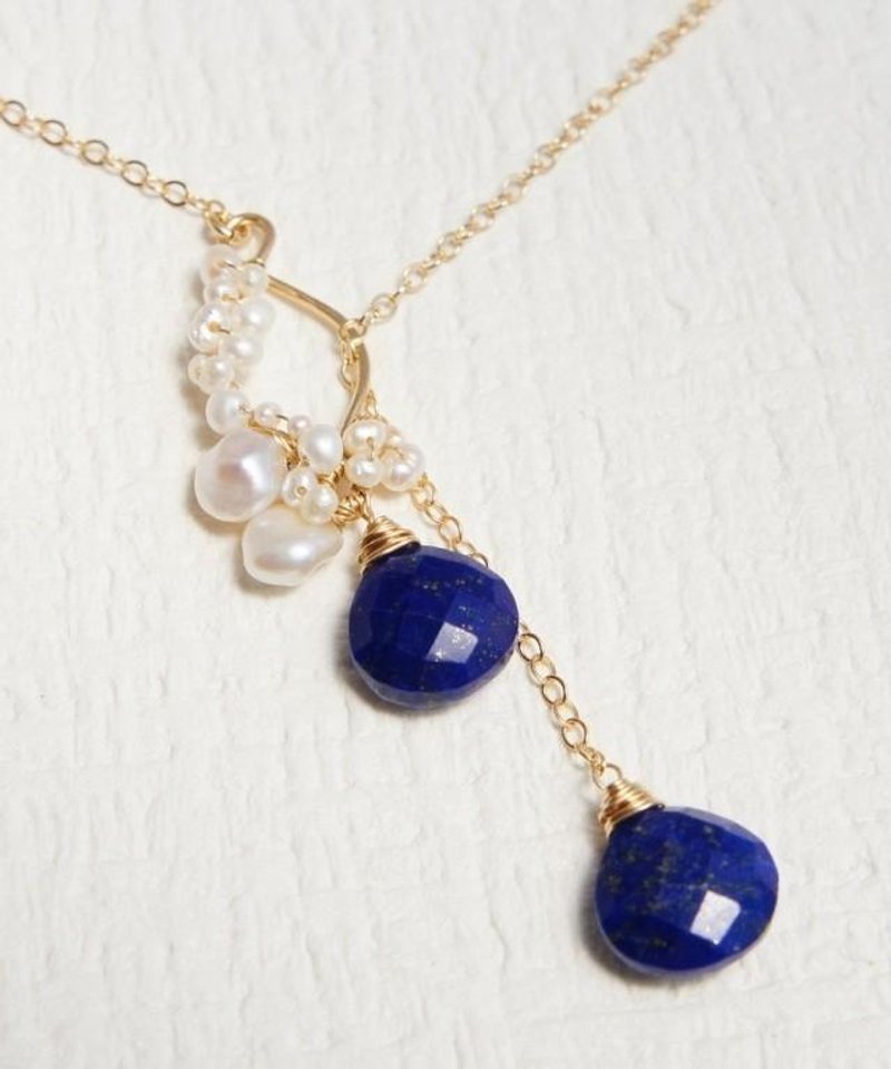 Lapis lazuli and pearl of Rarietto necklace 14kgf - 项链 - 宝石 蓝色
