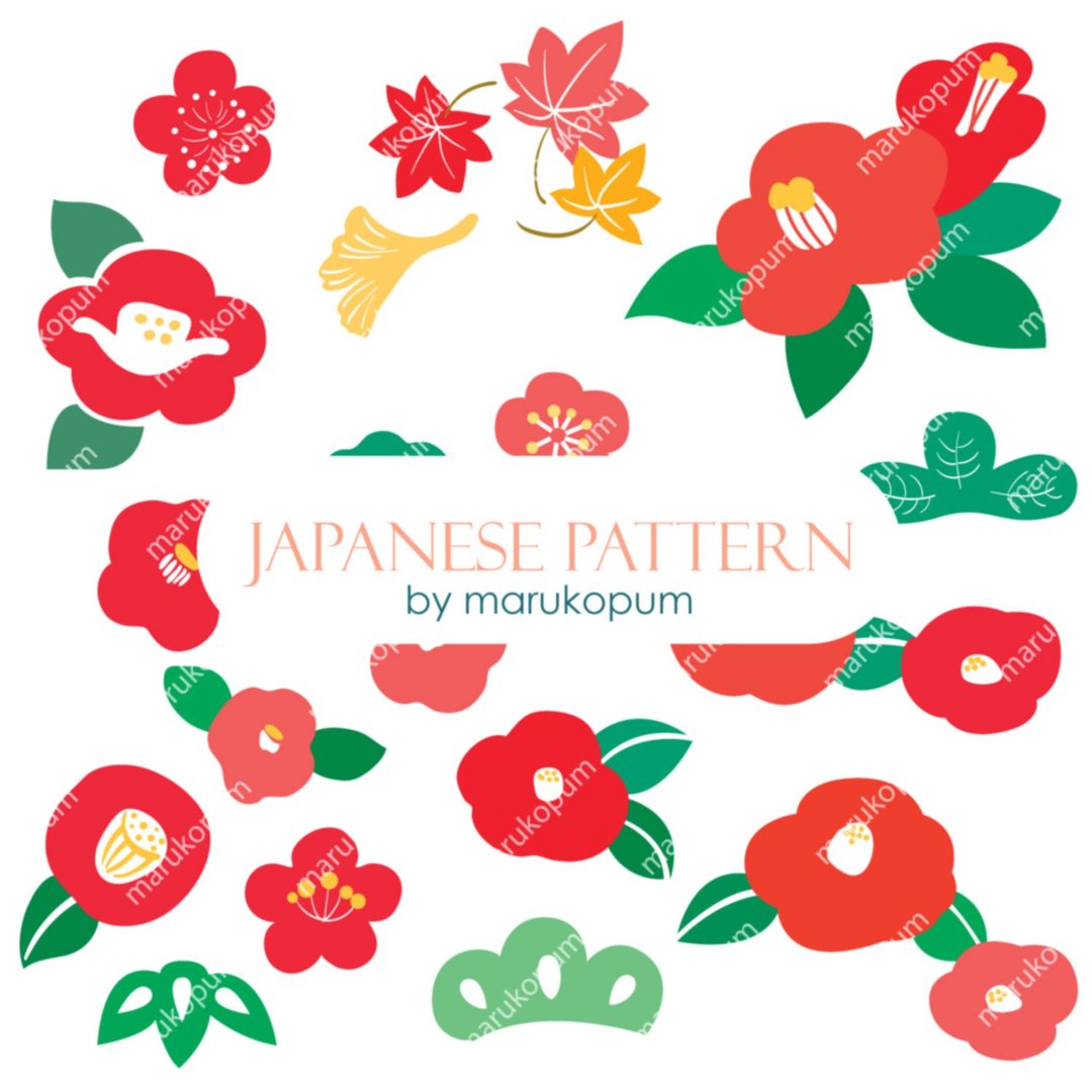 Digital Red flower elements in Japanese style 19 pcs. EPS, PDF, SVG and JPG - Logo 设计/图案设计 - 其他材质 