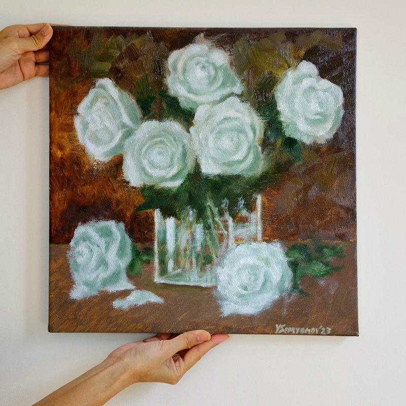 White Roses Flowers Original Art Oil Painting Wall Decor Beautiful Roses - 海报/装饰画/版画 - 其他材质 多色