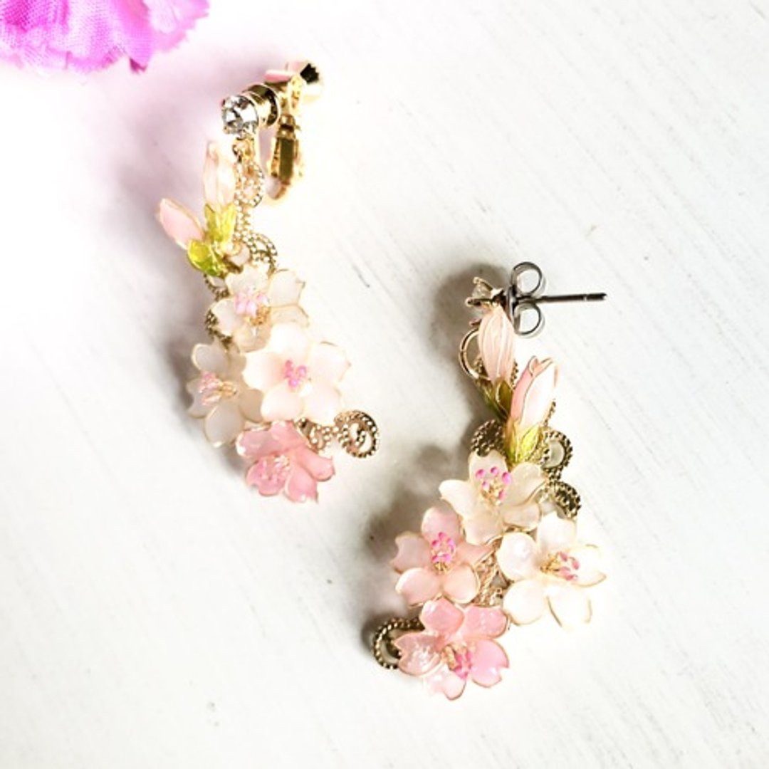 〜 春风 〜 樱花 浸蜡饰品 耳环 耳夹 大人可爱 春季 毕业典礼 入学典礼 犒赏自己 - 耳环/耳夹 - 塑料 粉红色