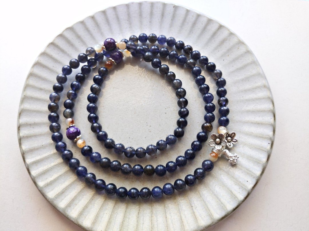 ORLI Jewelry 天然堇青石108颗念珠 堇青石108颗佛珠 925纯银花朵 - 项链 - 宝石 蓝色