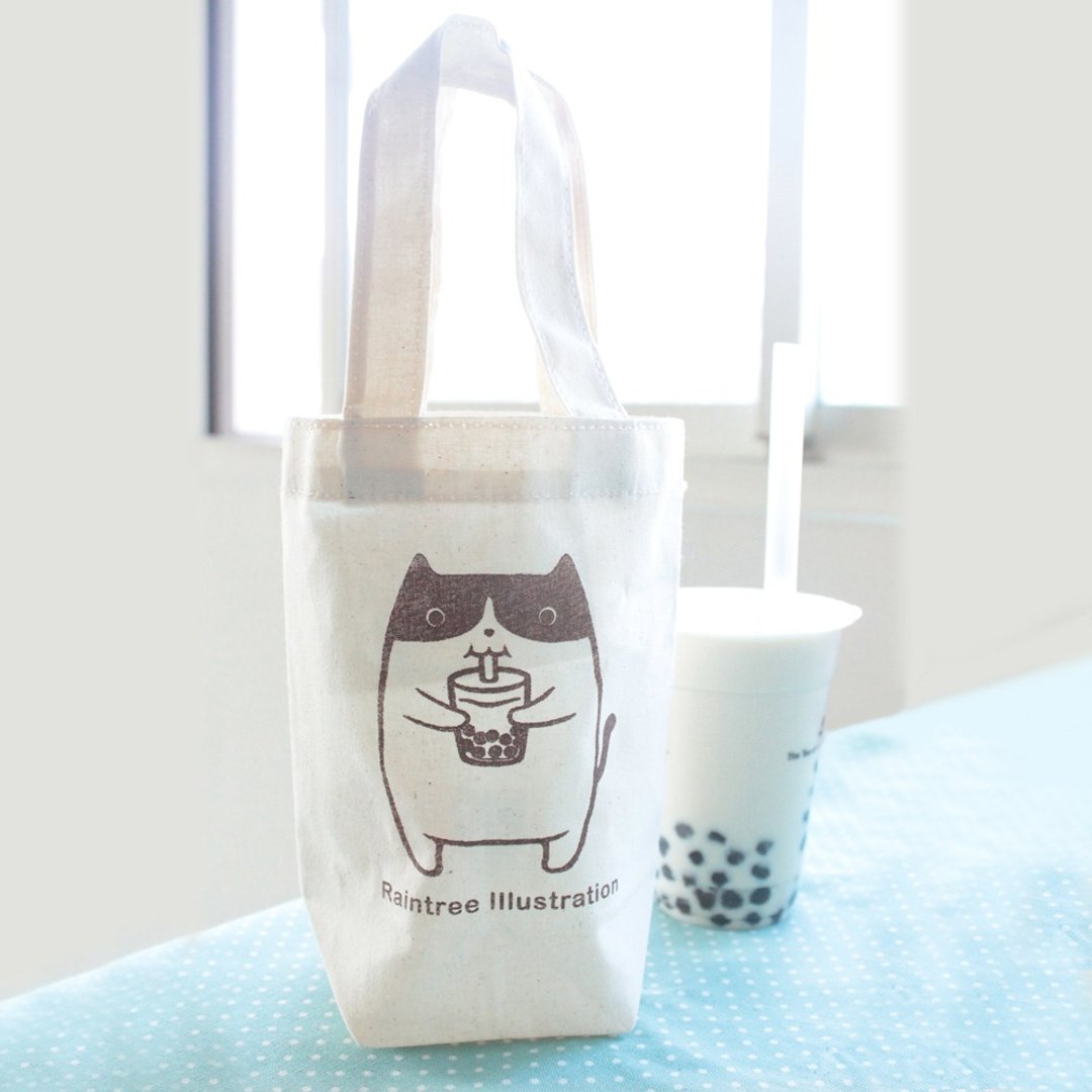 小胖猫爱珍奶 帆布饮料提袋 - 随行杯提袋/水壶袋 - 棉 