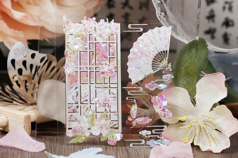 春雨惊梦 東方古風造景 PET 和紙膠帶 貝殼光 10米卷 - 纸胶带 - 其他材质 粉红色