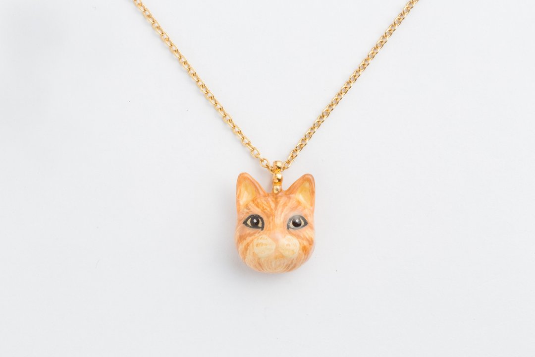 虎斑橘短毛猫手工珐琅项链~Ragdoll Cat Necklace - 长链 - 铜/黄铜 