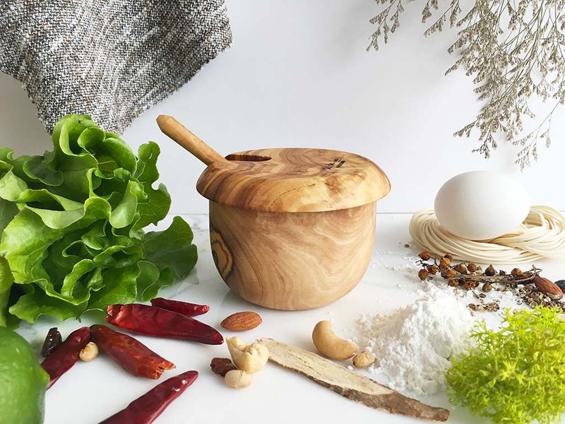 整块橄榄木盐糖罐-收纳罐-附汤匙 - 汤勺/锅铲 - 木头 咖啡色