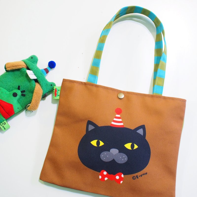 E*group 肩背袋 双面设计 黑喵 巧克力抹茶  帆布袋 手提袋 猫 - 公文包/医生包 - 棉．麻 咖啡色