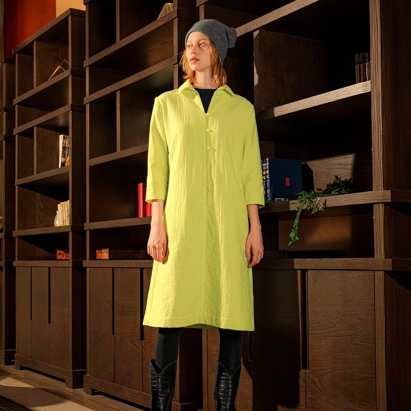 半开襟包布扣衬衫洋装 - 洋装/连衣裙 - 其他材质 黄色