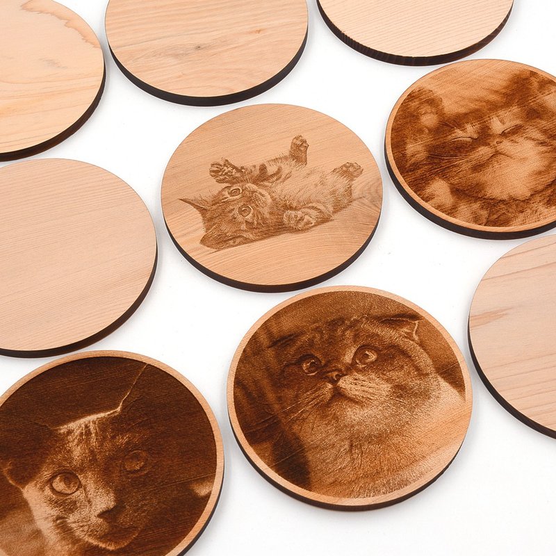 台湾桧木杯垫-猫咪系列 - 杯垫 - 木头 金色