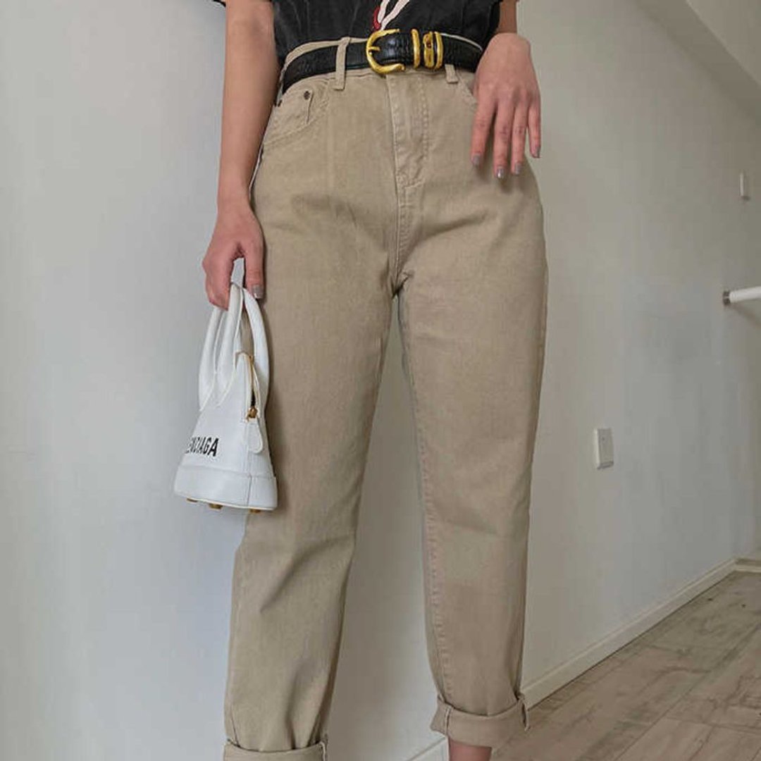 Beige Mid Waist Straight Skinny Jeans - 女装长裤 - 聚酯纤维 卡其色