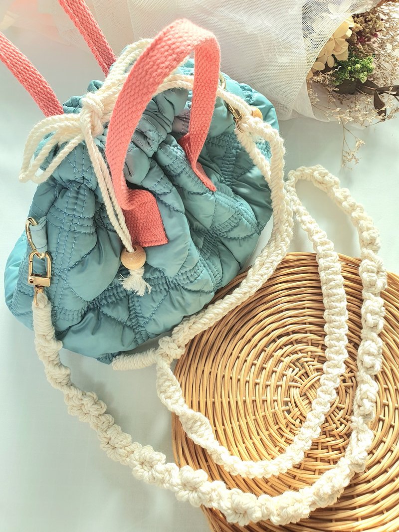 3way 轻量款 纳帕绗缝束口包/附手工编织背带/柔软温暖质感 - 侧背包/斜挎包 - 棉．麻 蓝色