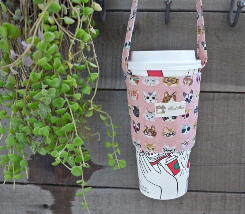 环保礼物首选饮料提袋~百变猫(粉色) - 随行杯提袋/水壶袋 - 棉．麻 