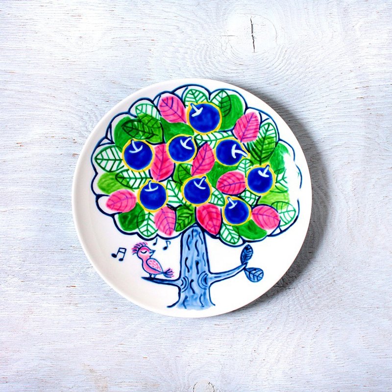 Blue apple tree and singing bird plate - 盘子/餐盘/盘架 - 瓷 蓝色