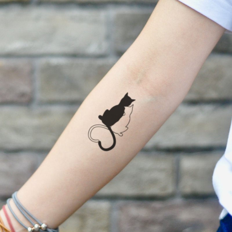 OhMyTat 心形猫尾巴 Couple Cat Tail Heart Shape 纹身贴纸 - 纹身贴 - 纸 黑色