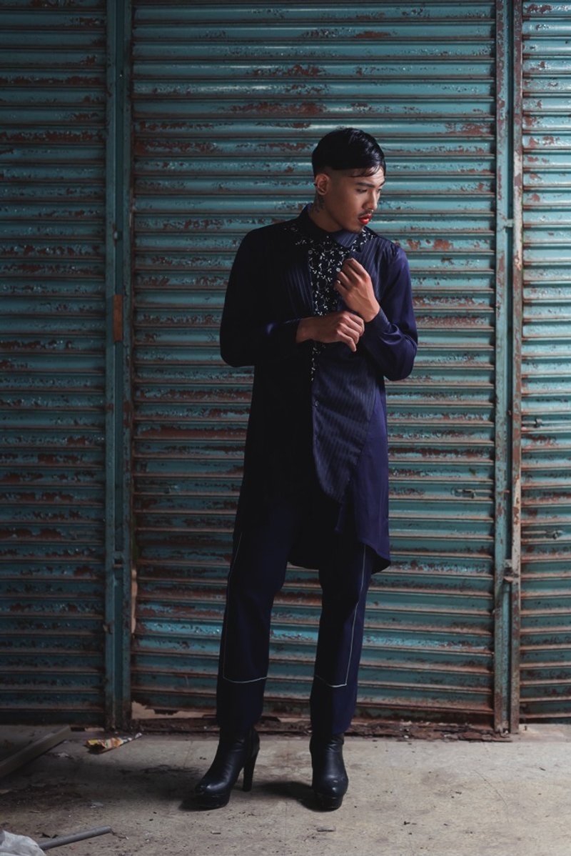 假两件蕾丝长版衬衫(162T07) - 男装衬衫 - 棉．麻 紫色