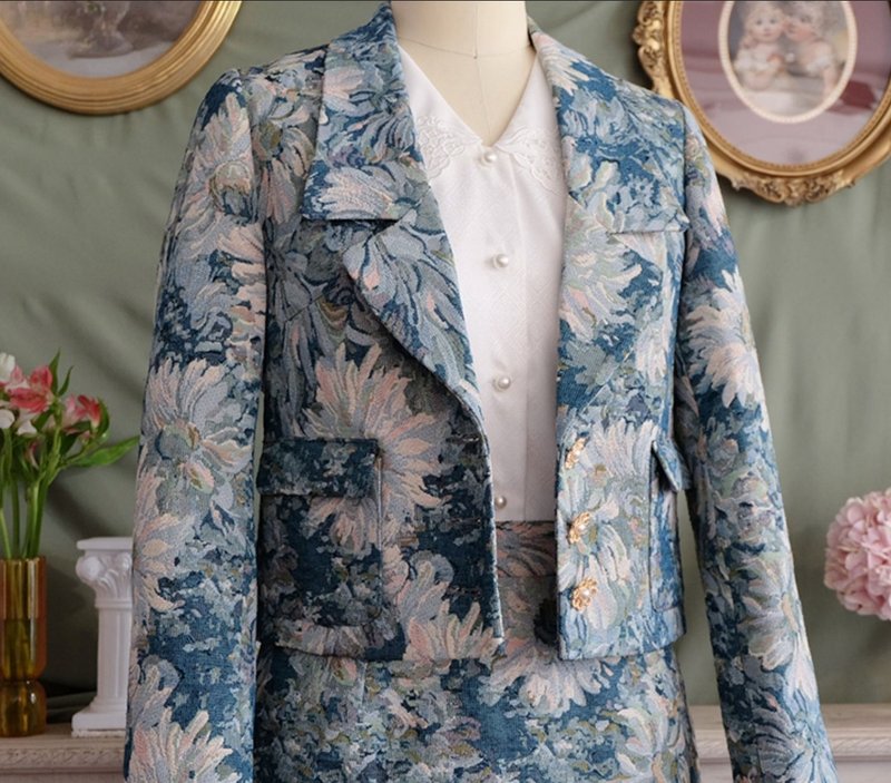 【手工制作】复古色织提花/上衣 - 女装上衣 - 其他材质 蓝色