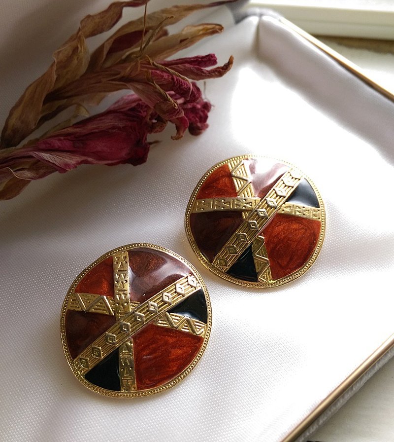 【西洋古董饰品/年代老件】1970年代 几何暗虹系珐琅 夹式耳环 - 耳环/耳夹 - 其他金属 咖啡色