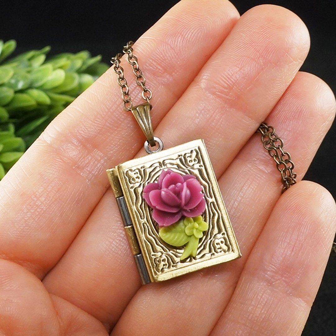 Pink Fuchsia Rose Cameo Brass Book Photo Locket Flower Pendant Necklace Jewelry - 项链 - 其他材质 紫色