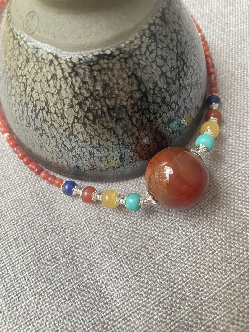 南红玛瑙圆珠 绿玛瑙回纹珠 大圆珠颈链 - 颈链 - 玉石 红色